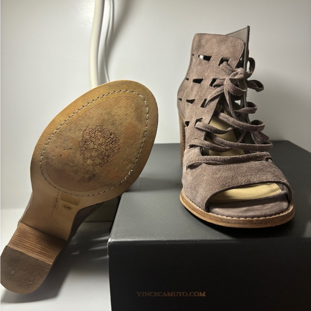 Vince Camuto - “Tressa”; Lace up suede peep-toe bootie; 7.5M; Taupe